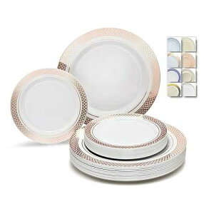 OCCASIONS FINEST PLASTIC TABLEWARE  OCCASIONS  50 Plates Pack (25 Guests) - Heavyweight Wedding Party Disposable Plastic Plate Set - 25 x 10.5'' Dinner + 25 x 7.5'' Salad/dessert plates (Celebration White/Rose