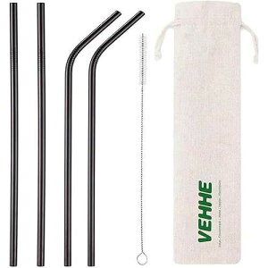 VEHHE Black Metal Straws Reusable Stainless Steel Straws with Cleaning Brush for 20/30 Oz for Yeti RTIC SIC Ozark Trail Tumblers (Black 2 Straight|2 Bent|1 Brush)