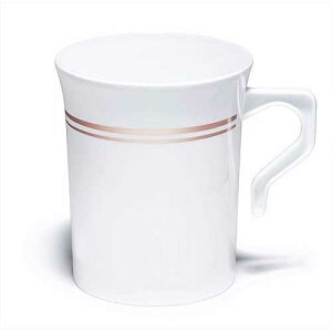 OCCASIONS FINEST PLASTIC TABLEWARE  OCCASIONS  40 Pack, Heavyweight Disposable Wedding Party Plastic 8 oz Coffee Mugs for Tea/Cappuccino/Espresso with Handles (8 oz Mugs, White & Rose Gold Rim)