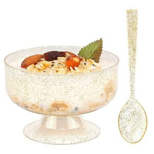 WDF 48pack 7oz Gold Glitter Medium Large Plastic Dessert Cups With Spoons-48 Disposable Ice Cream Plastic Cups & 48 Gold Glitter Tasting Spoons for Thanksgiving
