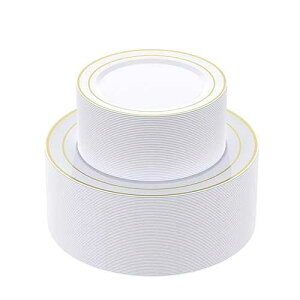 JOLLY CHEF 102 Count Gold Disposable Plastic Plates, Heavyweight Disposable Wedding Plates Set White Party with Gold Rim, Includes 51 Dinner 10 and 51 Dessert 7