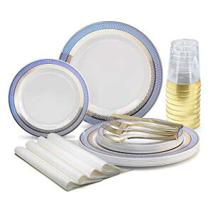 OCCASIONS FINEST PLASTIC TABLEWARE  OCCASIONS  200pcs set (25 Guest)-Wedding Disposable Plastic Plates & cutlery - 10.5'', 7.5'' +paper napkins, Gold rim cups & Silverware (Louvre White/Blue & Gold)