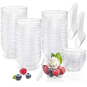 Kingrol 100 Mini Dessert Bowls with Spoons, 3 oz Disposable Dessert Cup for Mousse, Puddings, Appetizers, Condiments, Snacks