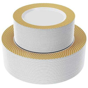 FOCUSLINE Gold Plastic Plates Set of 102, Disposable Plates with Gold Grid Rim 51 Dinner Plates 10 and 51 Salad Dessert Appetizer Plate 7, Elegant Fancy Heavy Duty Wedding Party Plate