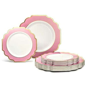 OCCASIONS FINEST PLASTIC TABLEWARE  OCCASIONS  50 Plates Pack (25 Guests)-Heavyweight Wedding Party Disposable Plastic Plate Set -(25x10.5'' Dinner + 25x8'' Salad/Dessert) (Imperial in Rose Pink & Gold)