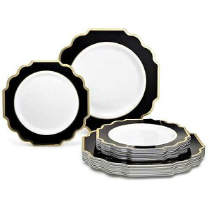 OCCASIONS FINEST PLASTIC TABLEWARE  OCCASIONS  50 Plates Pack (25 Guests)-Heavyweight Wedding Party Disposable Plastic Plate Set -(25x10.5'' Dinner + 25x8'' Salad/dessert (Imperial in Black & Gold)