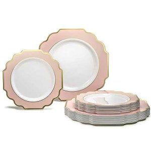 OCCASIONS FINEST PLASTIC TABLEWARE  OCCASIONS  50 Plates Pack (25 Guests)-Heavyweight Wedding Party Disposable Plastic Plate Set -(25x10.5'' Dinner + 25x8'' Salad/Dessert) (Imperial in Blush Pink & Gold)