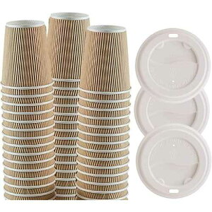 1InTheHome Disposable Coffee Cups with Lids, Paper Cups 10 oz, Insulated Ripple Wall, 50 Pack