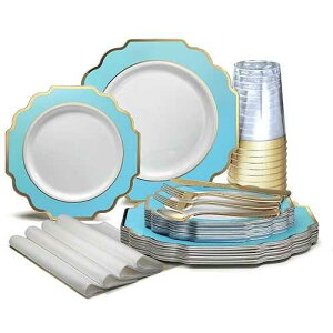 OCCASIONS FINEST PLASTIC TABLEWARE  OCCASIONS  320 Piece set (40 Guests)-Heavyweight Wedding Party Disposable Plastic Plate Set - 40 x 10.5'' + 40 x 8''+Silverware+Cups+Napkins (Imperial Aqua & Gold))