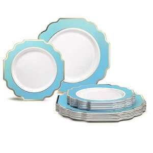 OCCASIONS FINEST PLASTIC TABLEWARE  OCCASIONS  50 Plates Pack (25 Guests)-Heavyweight Wedding Party Disposable Plastic Plate Set -(25x10.5'' Dinner + 25x8'' Salad/dessert (Imperial Aqua/Gold)