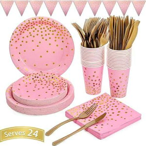 DUOCUTE Pink and Gold Party Supplies 145PCS Golden Dot Paper Party Dinnerware Includes Paper Plates, Napkins, Knives, Forks, Cups, Banner, for Bachelorette, Girl Birthday, Baby Shower, Serves 24
