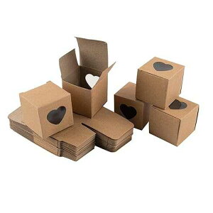 AUEAR, 50 Pack of Kraft Gift Boxes with Clear Plastic Heart Window 2x2x2 inch Black Treat for Cake Candy Cookies Dessert
