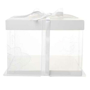 Restaurantware-8.5 Inch x 6.75 Inch Transparent Cake Boxes, 10 White Lid Clear Cake Boxes - No Grease Base, Gray Ribbon, Clear Plastic Birthday Cake Boxes, Lotus Accent, For Weddings Or Birthdays