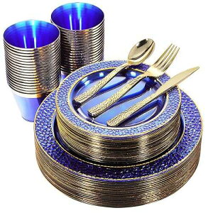 Nervure 150PCS Clear Blue Plastic Plates - Gold Party Plates - Blue and Gold Dinnerware Set Include: 50 Disposable Plate, 25Cups, 25Forks, 25Knives, 25Spoons for Wedding & Party & Hanukkah