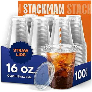 Stack Man 16 oz Clear Plastic Cups with Straw-Slot Lids [100 Sets] PET Crystal Clear Disposable Cups with Lids - Durable Cup. BPA Free + Crack Resistant, for Coffee, Juice, Shakes