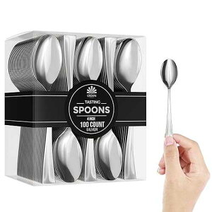 Exquisite Mini Dessert Spoons - Bulk Pack of 100 Mini Silver Disposable Spoons - 4 Inch Plastic - Bpa Free - Food Safe