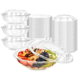 Fit Meal Prep 50 Pack 24 oz Disposable Plastic Clear Salad Bowls with Airtight Lids - To Go for Lunch, Takeout, Party, Catering, Picnic