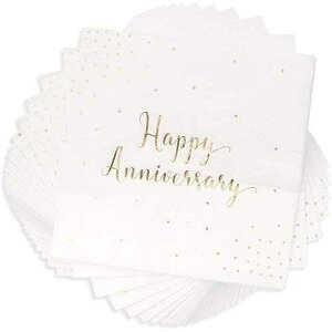 BLUE PANDA Happy Anniversary Napkins - 5 x 5 In, 3-Ply, 50 Pack, Elegant Gold Foil - Disposable Anniversary Paper Goods & Cocktail Napkins for Wedding Party Decor