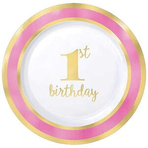 Amscan 1st Birthday Premium Pink Round Plastic Plates - 7 1/2, Pack of 10
