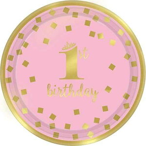 Amscan Pink and Gold 1st Birthday Girl Metallic Round Plates - 7 (8-Pack) - Perfect for Princess Themed Parties and Special Celebrations