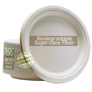 Green Earth, 10 inches, 500 Pack,Compostable Paper Plates Natural Bagasse, Sugarcane Fiber, Disposable Round Microwave Safe Eco Friendly Heavy-Duty