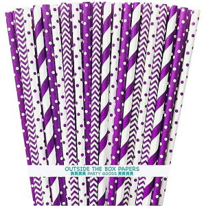 Purple Paper Straws - Stripe Chevron Polka Dot - 7.75 Inches - 100 Pack - Outside the Box Papers Brand