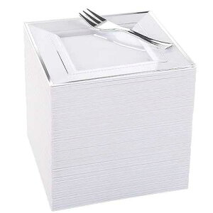 WDF Silver Plastic Dessert Plates with Plastic Forks - 6�h 100 Square Disposable Appetizer Plates Small Plates Cake Plates with Silver Rim &100 Small Appetizer Forks for Party Wedding Valentine's Day