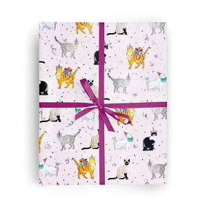 REVEL & Co Party Cats on Pink Premium Folded Wrapping Paper, 2 feet x 10 feet folded birthday feline gift wrap