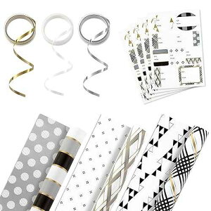 Hallmark Reversible Wrapping Paper Bundle with Ribbon & Gift Tag Stickers - Black, Gold Stripes, Plaid (3 Pack, 120 sq. ft. TTL, 30 Yds. Mini Ribbon, 36 Labels) for Graduations, Weddings, Christmas