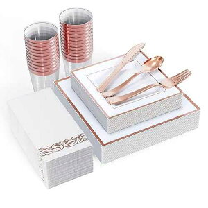 FOCUSLINE 175 Count Rose Gold Dinnerware Set for 25 Guests - Square Plastic Plates with Rose Gold Rim, Includes 25 Disposable Dinner & Dessert Plates, Napkins, Cups, Cutlery Set for Wedding Parties