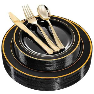 WDF 125Pieces Black Plates Disposable with Gold Rim & Disposable Gold Plastic Silverware for Halloween - 50 Graduation Plates - 25 Forks, 25 Knives, 25 Spoons