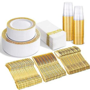 bUCLA 350PCS Gold Plastic Plates Disposable - Gold Plastic Dinnerware Set Include 50 Dinner / 50 Dessert Plates, 50 Forks, 50 Knives, 50 Spoons, 50 Cups, 50 Napkins for Party & Thanksgiving