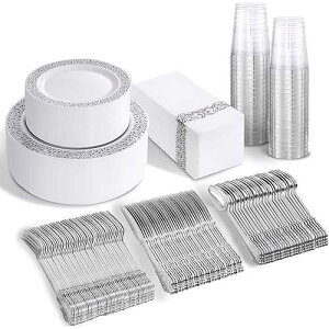 bUCLA 350PCS Silver Plastic Dinnerware Set - Silver Plates Disposable Lace Design for 50 Guests Include 100 Plates,50 Forks,50 Knives,50 Spoons,50Cups,50 Napkins,Ideal for Party,Wedding&Christmas