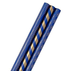 Hallmark Navy Blue and Gold Wrapping Paper Rolls for Graduation, Birthday, Wedding, Father's Day, All Occasion - Metallic Striped and Geometric Gift Wrap Paper (Set of 3 Rolls: 105 sq. ft. ttl.)
