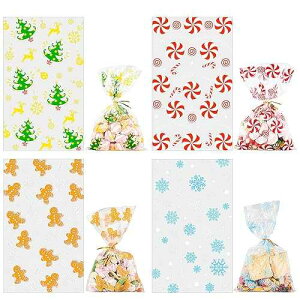 Whaline 200Pcs Christmas Cellophane Bags with 200 Gold Twist Ties, Xmas Clear Candy Cookie Cello Treat Bags with Christmas Tree Snowflake Gingerbread Man Candy Patterns for Christmas Gift Wrap Supply