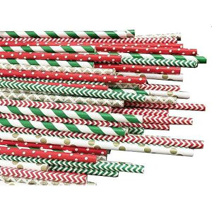 Present Avenue Pack of 150 Christmas Paper Straws in Red, Green and Gold. Holiday Straws, Vintage Party Supplies, Santa Red & Emerald Elf Green Straws