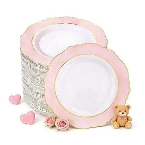 WDF 60pcs Pink Dessert Plates - 7.5inch Baroque Pink &White Disposable Dessert/Appetizer Small Cute Cake Plates for Upscale Parties &Wedding-Special for Bridal Shower, Brithday, Valentine's Day