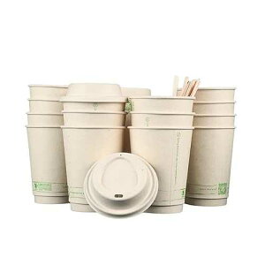 LB LIVING BALANCE Living Balance Certified Compostable Coffee Cups with Bagasse Lids 12 oz ? 75 Pack Cups with Stirrers & Integrated Sleeves | Leak Proof, BPA-Free & CPLA Certified Plant-based | To-Go cup for Dri