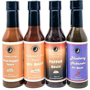 June Moon Spice Company Tropical Hot Sauce | Variety or Gift 4 Pack | Pineapple Mango Ghost Pepper | Blueberry Habanero | Caribbean Orange Pineapple Pepper | Caribbean Jerk Peach | Crafted in Small Batches | Pr