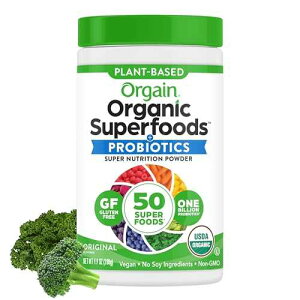 Orgain Organic Greens Powder + 50 Superfoods, Original - 1 Billion Probiotics for Digestive Health, , Vegan, Plant-Based, Gluten-Free, Non-GMO, Green Juice & Smoothie Drink Mix - 0.62lb
