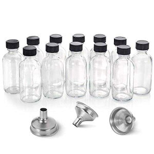 AOZITA 12 Pack, 2 oz Small Clear Glass Bottles w/Lid & 3 Funnels - 60ml Boston Shot Bottles for Health, Immunity, Potion, Wellness, Sample, Ginger, Juice - Mini Personal Care & Beauty Travel Bottle