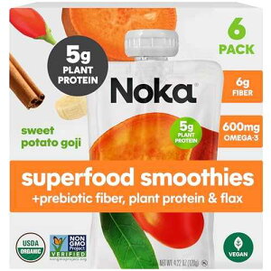 Noka Superfood Fruit Smoothie Pouches, Sweet Potato Goji, Healthy Snacks with Flax Seed, Plant Protein and Prebiotic Fiber, Vegan and Gluten Free Snacks, Organic Squeeze Pouch, 4.22 oz, 6 Count