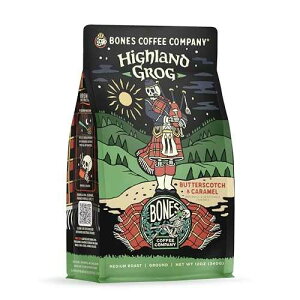 Bones Coffee Company Highland Grog, Butterscotch Caramel Flavored Coffee, Medium Roast Low Acid Arabica Beans Compatible with Auto drip and French Press Coffee Maker, 12 Oz Ground