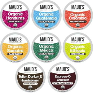 Maud's Organic Coffee Pods Variety Pack, 56 ct, 8 Assorted Flavors, Recyclable Single Serve Pods ? 100% Arabica Coffee, Compatible with Keurig K Cups Maker