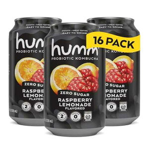 Humm Probiotic Kombucha Zero Sugar Raspberry Lemonade, No Refrigeration Needed, Keto Friendly, Organic, Vegan, Gluten Free, 12oz Cans (16 Pack)