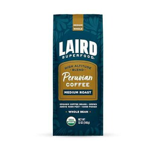 Laird Superfood Peruvian Medium Roast Caffeinated Whole Bean Coffee, Ethically Sourced Premium Whole Bean Coffee, Gluten-Free, Dairy-Free, Non-GMO, Paleo, Keto Friendly, 12 oz. Bag