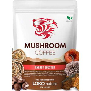 LOKO nature Tiger Organic 5 Mushroom Instant Coffee ? 30 Servings with 100% Arabica | Immune System Booster, Reishi, Maitake, Shiitake, Chaga & Turkey Tail Mushrooms | Gluten & Dairy Free, Vegan - Natural Ene