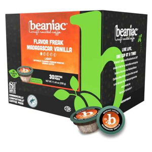 beaniac Flavor Freak Madagascar Vanilla, Flavored Light Roast, Single Serve Compostable K Cup Coffee Pods, Organic Arabica Coffee with Natural Flavors, Keurig Brewer Compatible, 30 Count