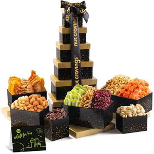 NUT CRAVINGS - Valentines Day Dried Fruit & Mixed Nuts Gift Basket, Black Tower + Ribbon (12 Assortments) Treats for Adults, Food Arrangement, Healthy Snack Care Package, Kosher
