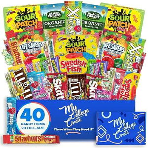 College Candy Snack Box (40 Full Size Variety) Candy Care Package Teenage Student Gift Basket - My College Crate